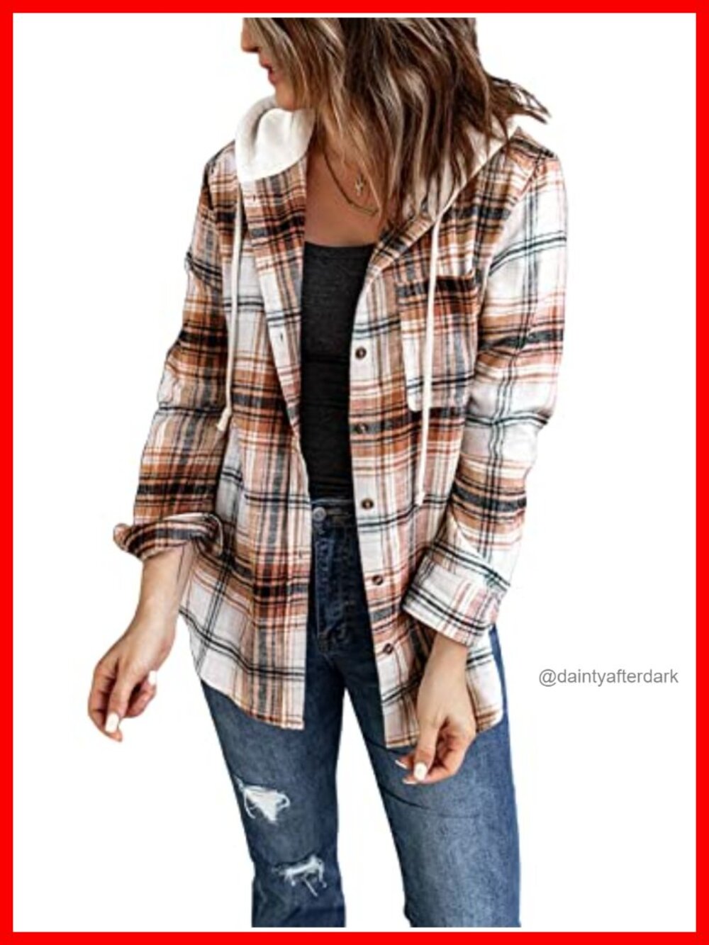 Women's Plaid Hoodie Shacket Button Down Drawstring Top